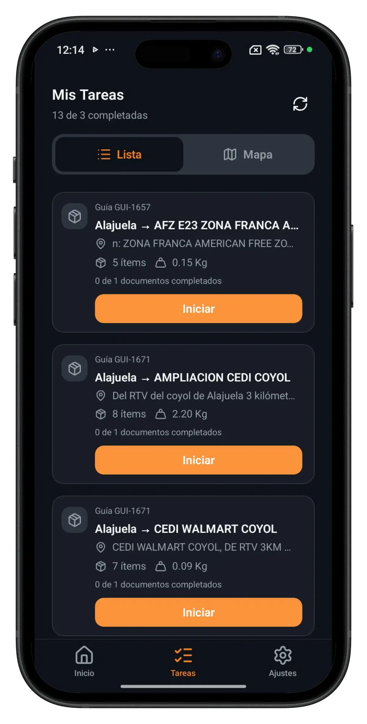 iPhone con la app SmartFleet, vista de tareas