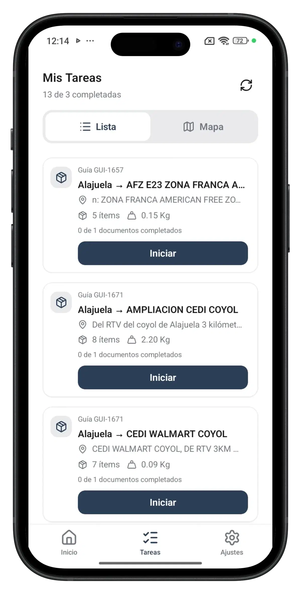 iPhone con la app SmartFleet, vista de tareas